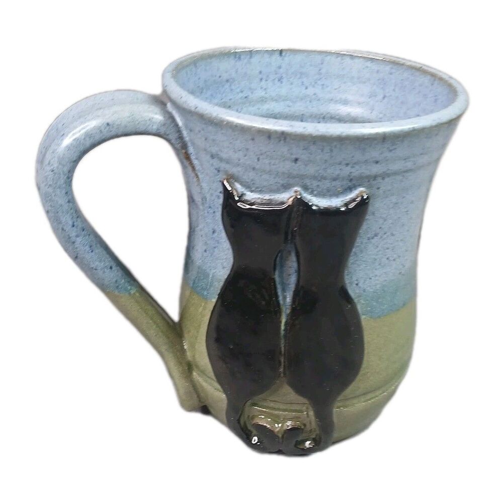 Mudworks  Black Cat Coffee Mugs Hand Thrown Pottery Blue Green USA #1